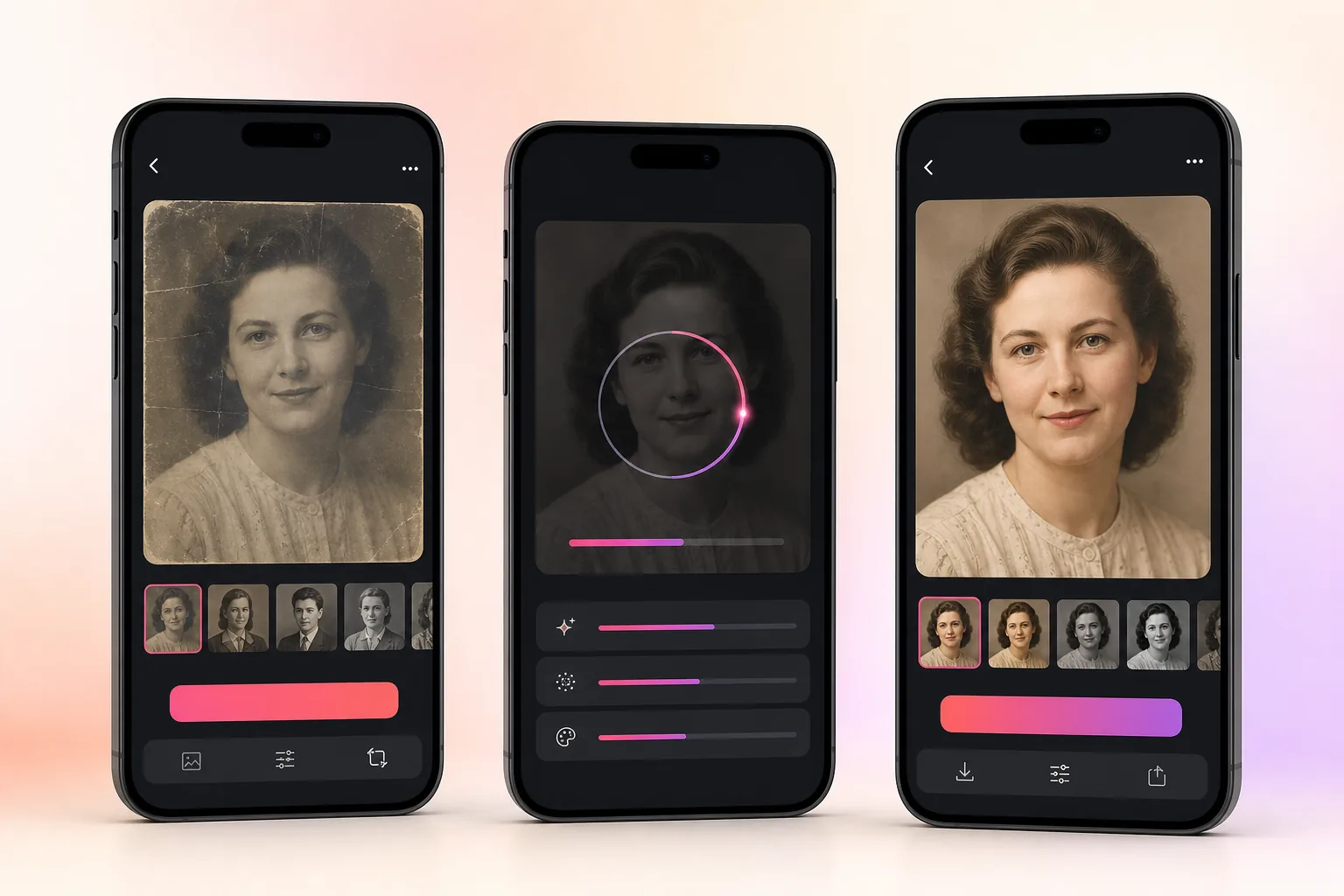 Three-phone AI photo restoration workflow showing an old portrait, enhancement process and restored result