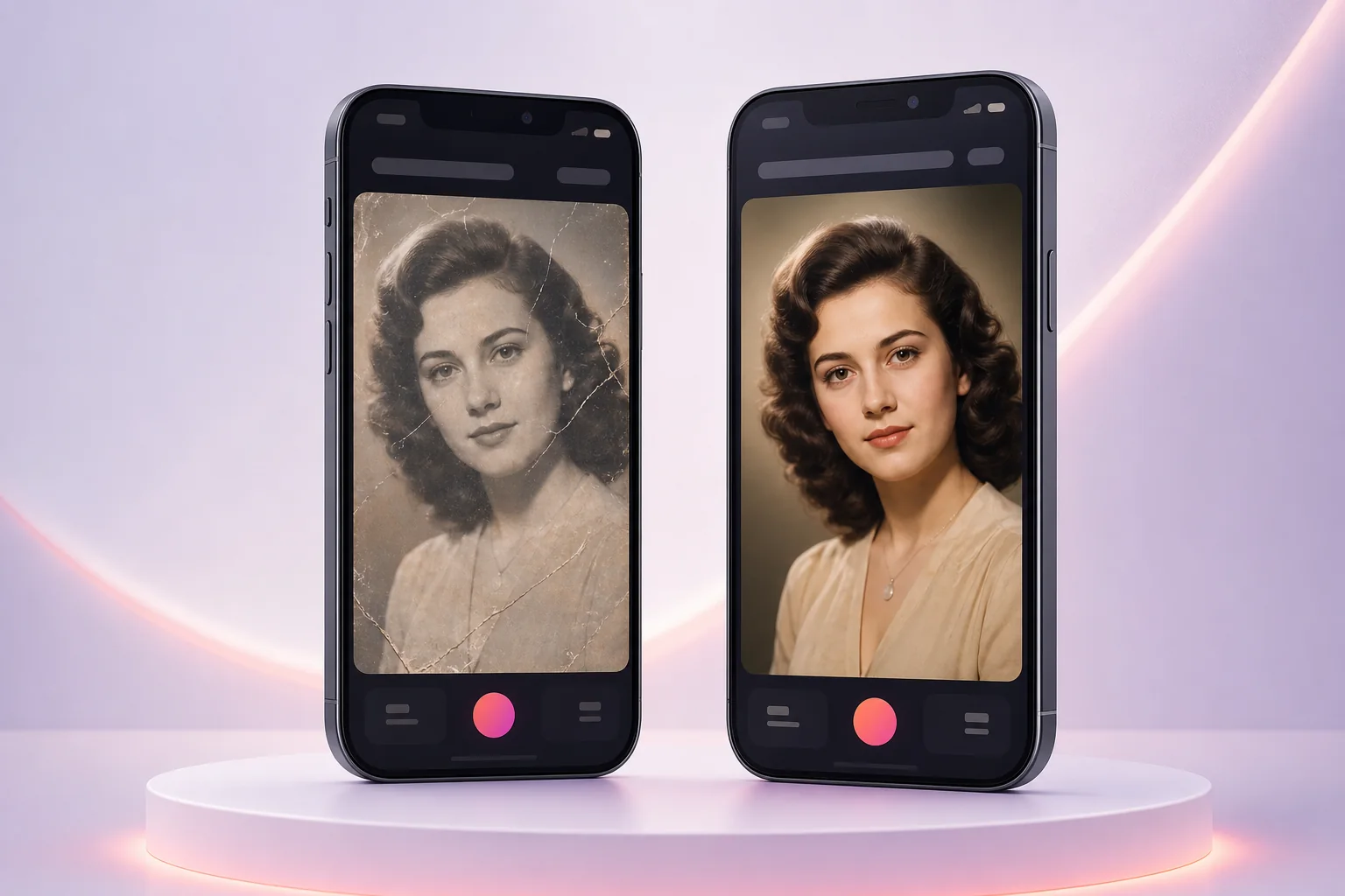 Before and after photo restoration displayed on two smartphone mockups