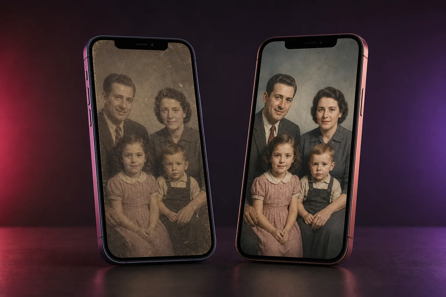 Before-and-after old family photo restoration displayed on two smartphone mockups