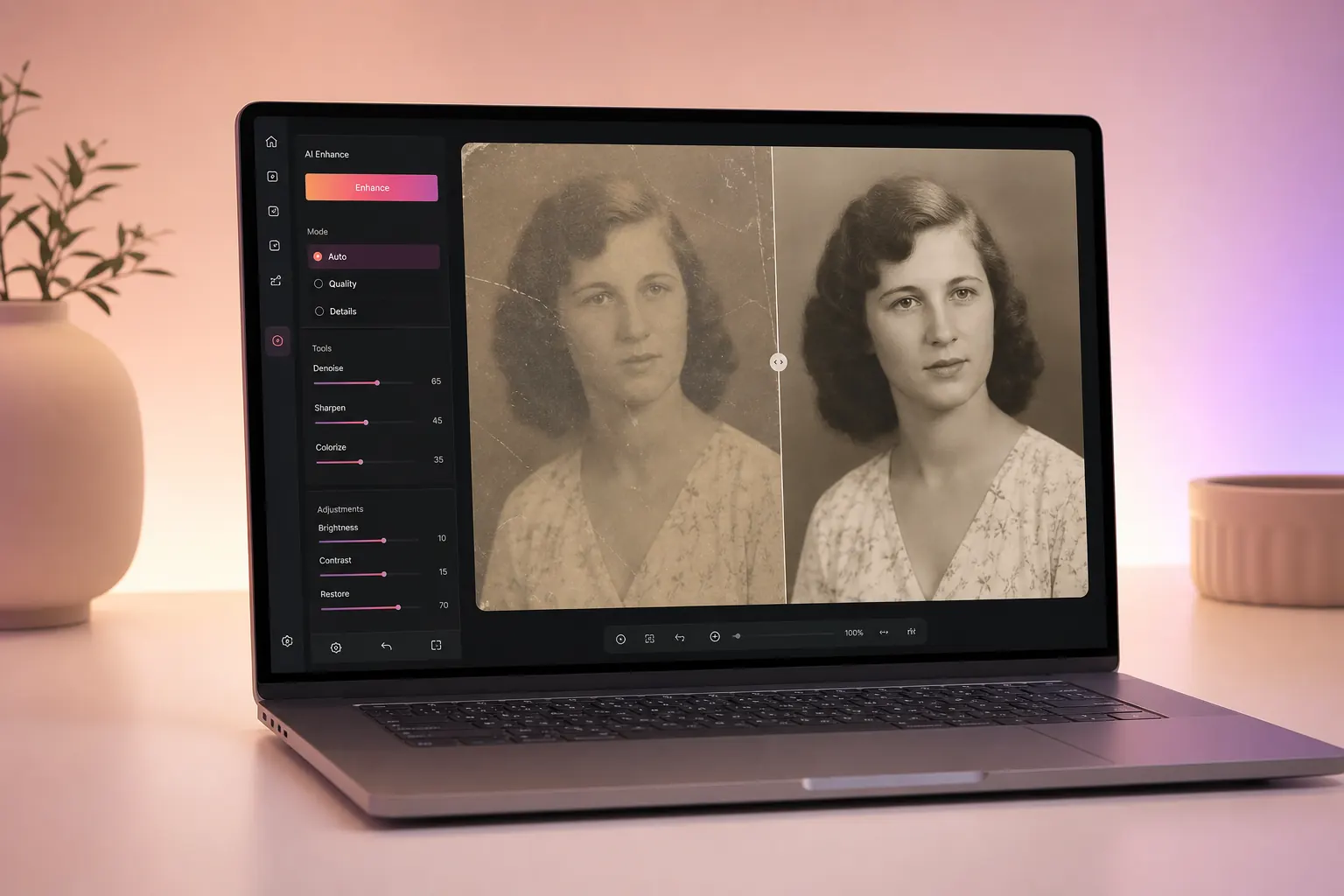 Laptop showing a before-and-after old photo restoration workflow for Remini on PC