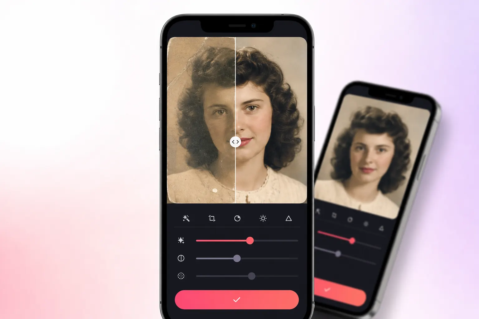 iPhone photo enhancement workflow showing a faded portrait and naturally restored result