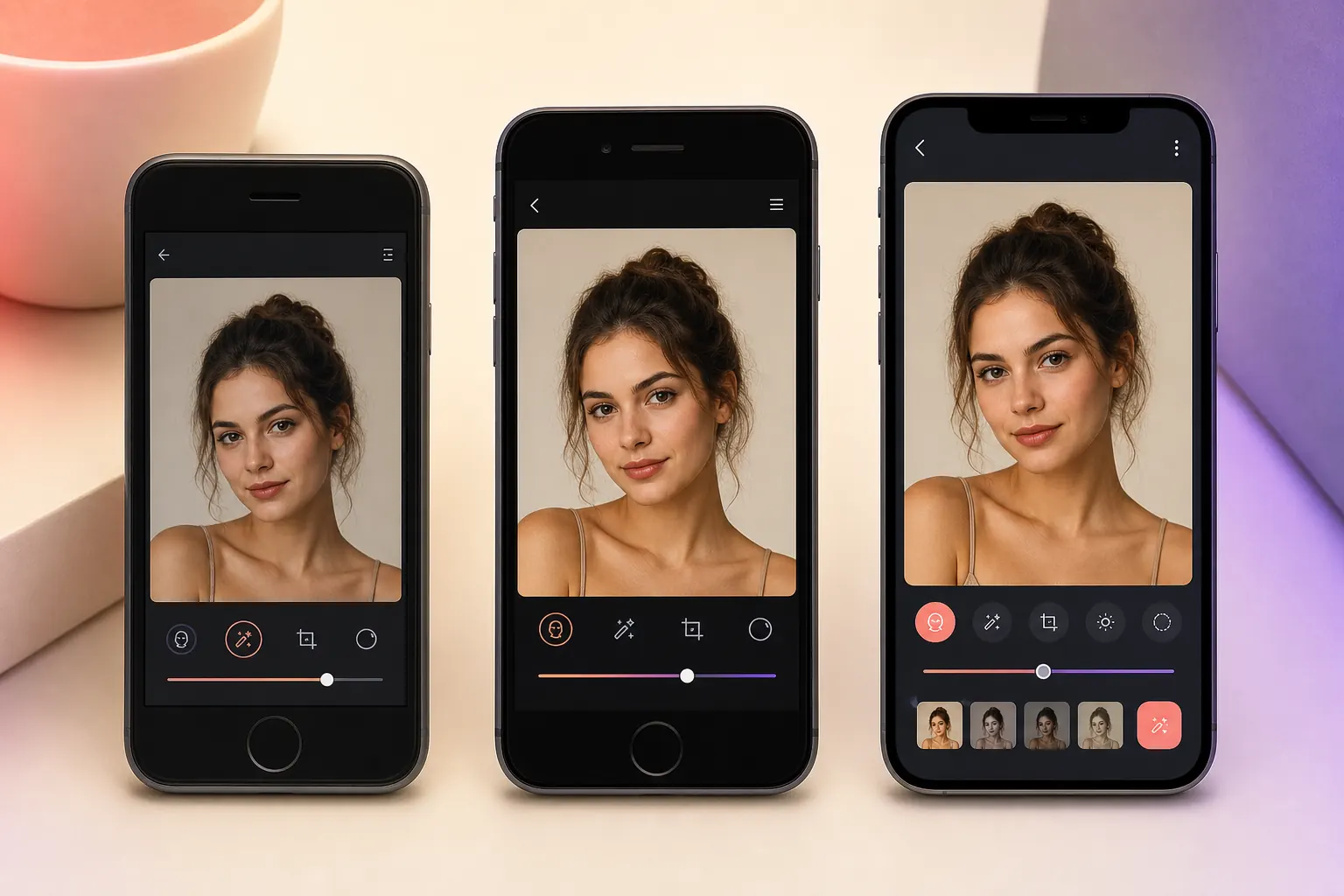Three smartphone generations illustrating old app versions and photo enhancement compatibility