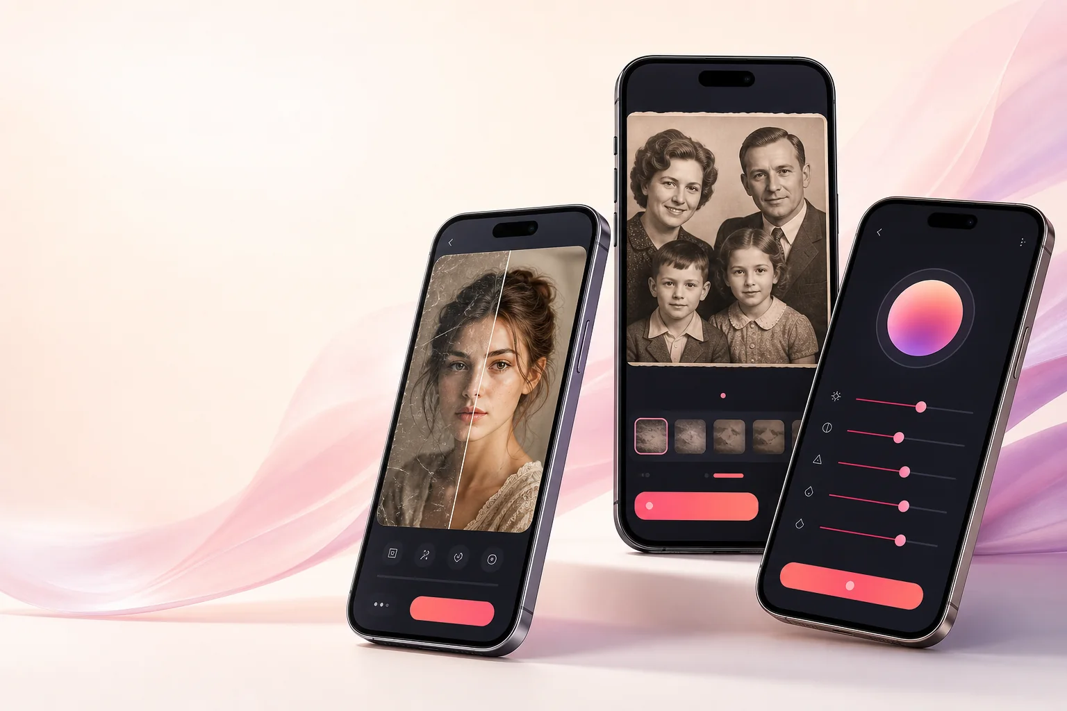 AI photo enhancement app shown on three professional smartphone mockups