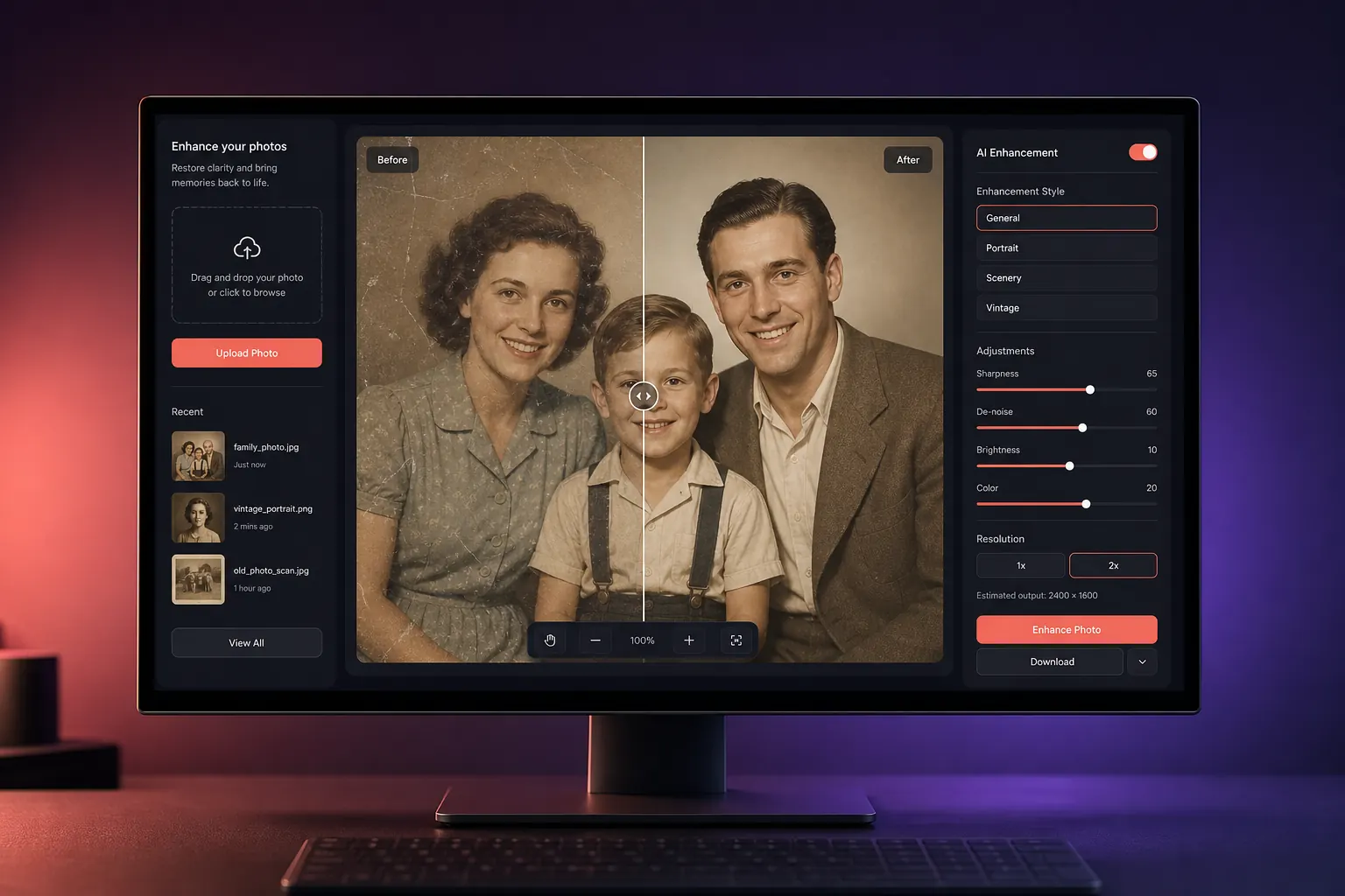 Remini Web 1 Desktop browser photo enhancement workspace with a before-and-after family photo comparison